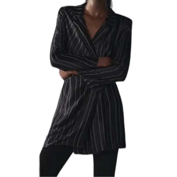 Zara Pinstriped Wrap Blazer Mini Dress Black Size Small - Picture 6 of 9